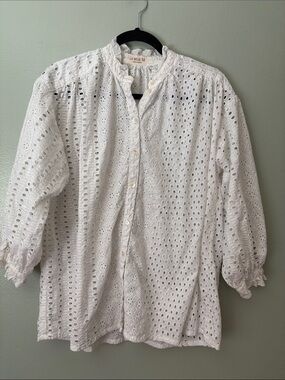 La Belle White Eyelet Button-Front Blouse with Pintuck Detail